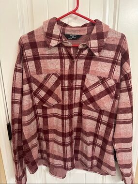 Women's Plaid Button-Down Shirt Jacket - Dusty Rose/Burgundy/Tan